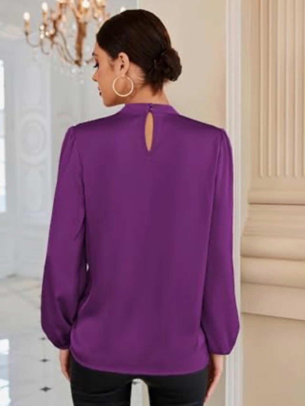 GRACE KARIN Long Sleeve Satin Blouse Top with V-Neck and Left Bow Sz L - Picture 3 of 9